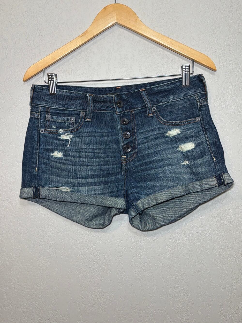 Abercrombie & Fitch Button Fly Y2K Distressed Denim Shorts W24/L3”
